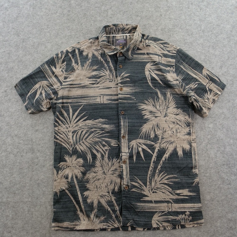Quiksilver Waterman Shirt Mens Medium Gray Fit Palm Tree Print Cotton Button